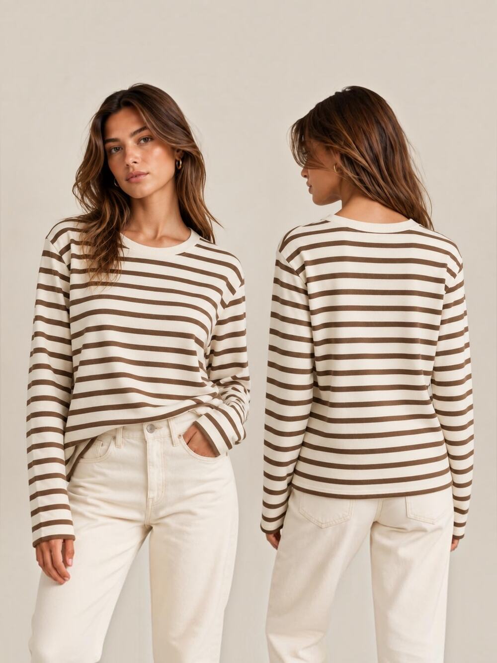 WYETH Stripe Long Sleeve Top Ecru Chocolate Brown XS